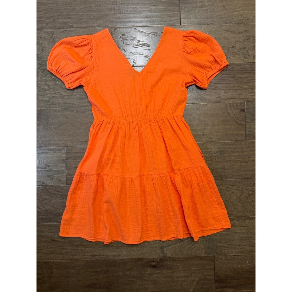 Gap Orange Cotton Double Gauze Puff Sleeve Tiered Mini Dress Small V-Neck Pocket - Picture 5 of 8